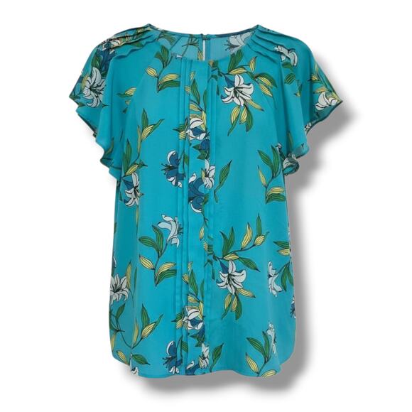 Worthington Petite Women’s Teal Floral Flutter Sleeve Blouse – Size PS - Picture 1 of 9
